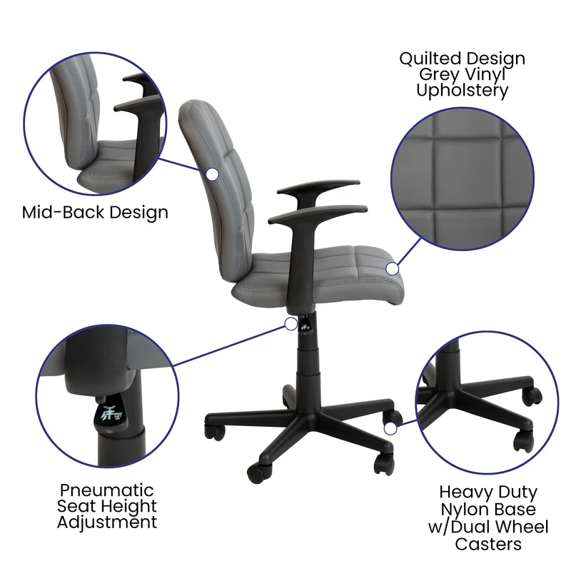 Mid-Back Quilted Vinyl Swivel Task Office Chair with Arms