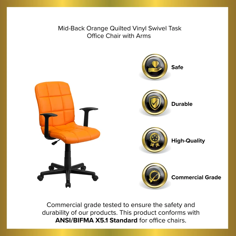Mid-Back Quilted Vinyl Swivel Task Office Chair with Arms