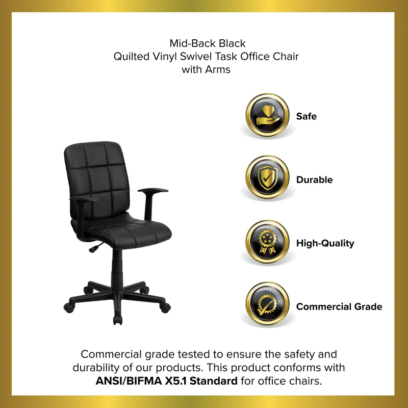 Mid-Back Quilted Vinyl Swivel Task Office Chair with Arms