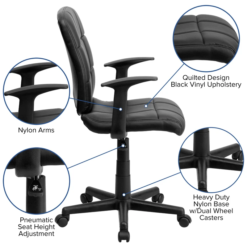 Mid-Back Quilted Vinyl Swivel Task Office Chair with Arms