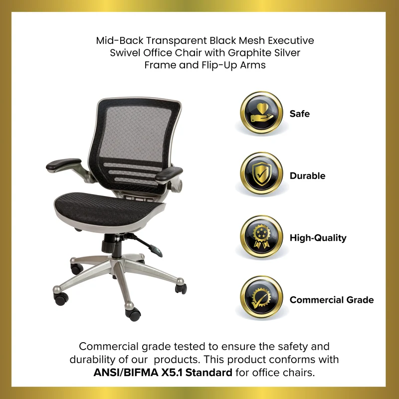 Mid-Back Transparent Mesh Executive Swivel Office Chair with Flip-Up Arms