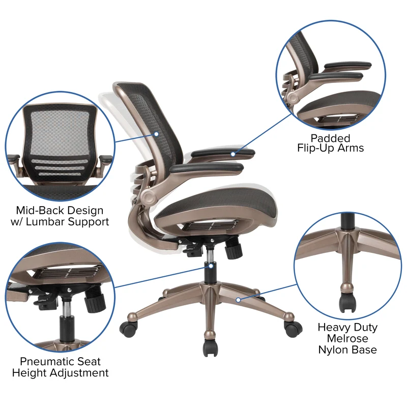 Mid-Back Transparent Mesh Executive Swivel Office Chair with Flip-Up Arms