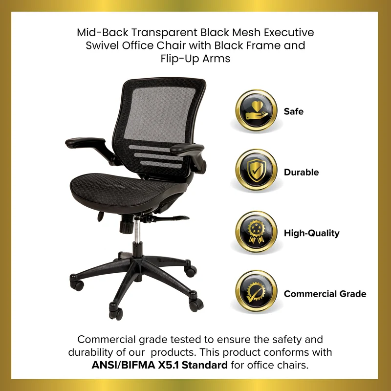 Mid-Back Transparent Mesh Executive Swivel Office Chair with Flip-Up Arms