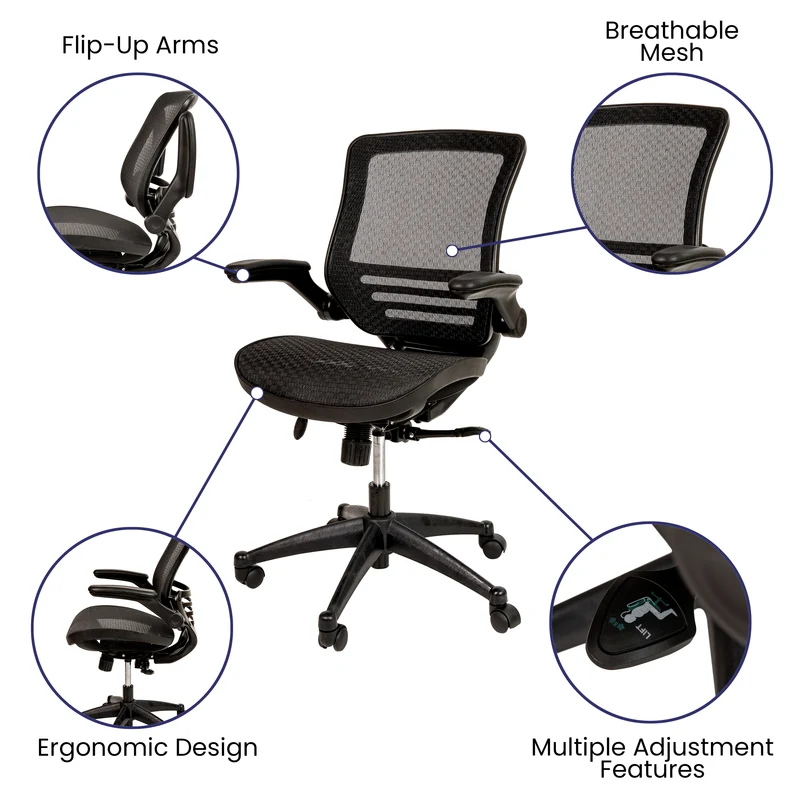 Mid-Back Transparent Mesh Executive Swivel Office Chair with Flip-Up Arms
