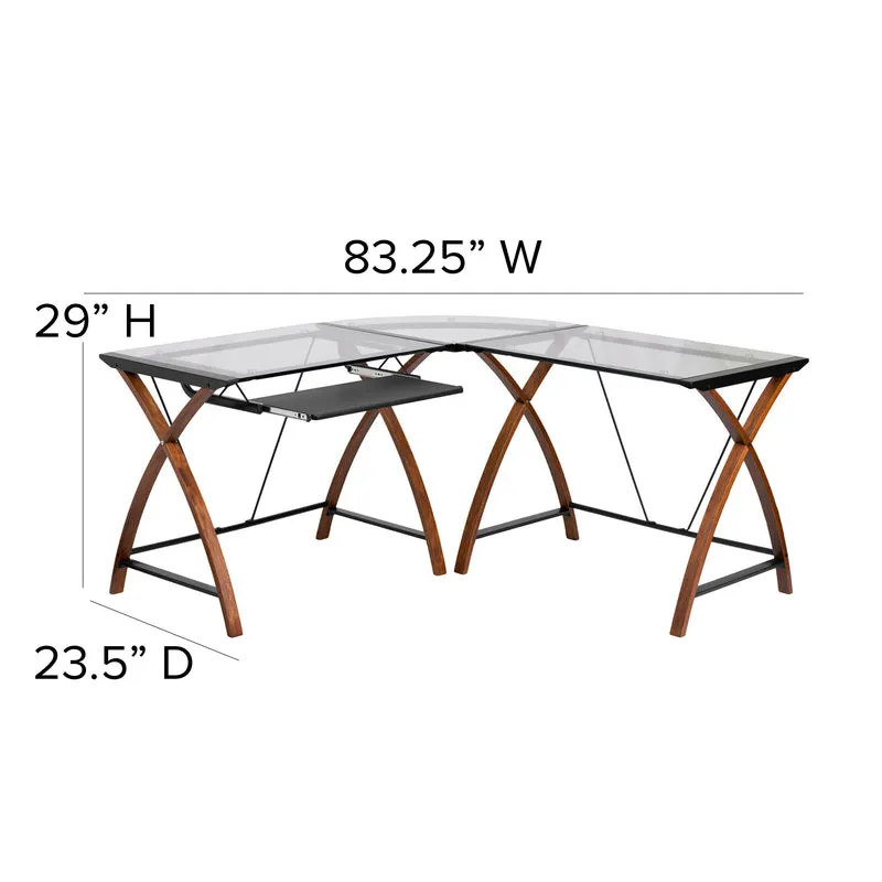 Glass L-Shape Corner Computer Desk with Pull-Out Keyboard Tray