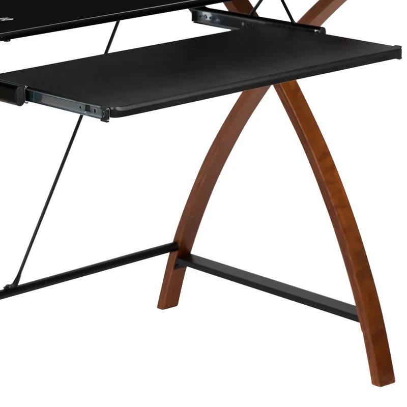 Glass L-Shape Corner Computer Desk with Pull-Out Keyboard Tray