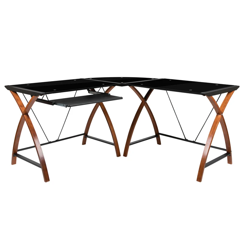 Glass L-Shape Corner Computer Desk with Pull-Out Keyboard Tray