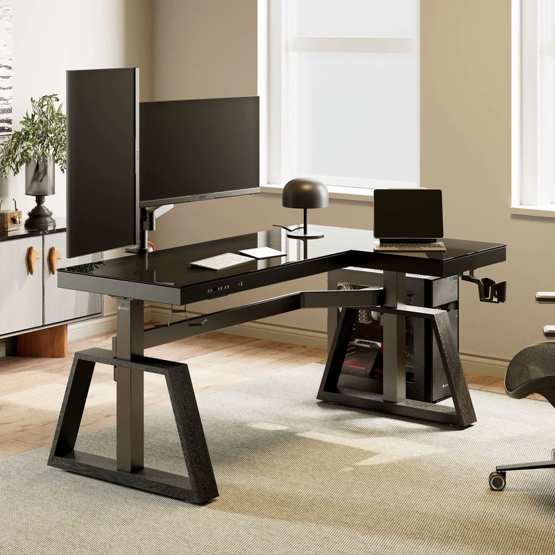 GTG-L60 Pro, L shaped Glass Gaming Standing Desk (60"x23")