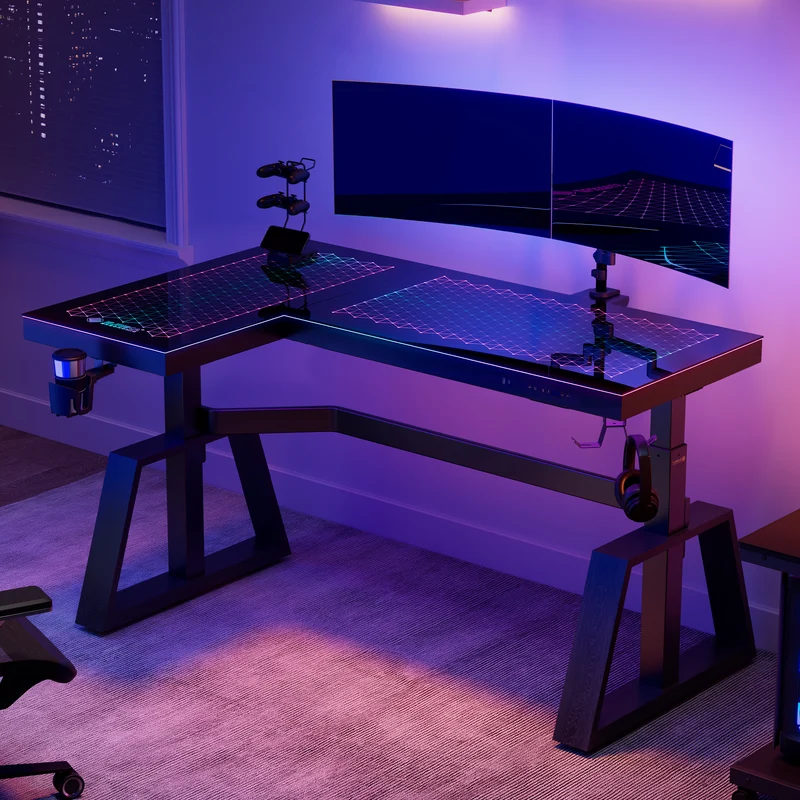 GTG-L60 Pro, L shaped Glass Gaming Standing Desk (60"x23")