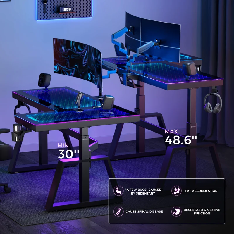 GTG-L60 Pro, L shaped Glass Gaming Standing Desk (60"x23")
