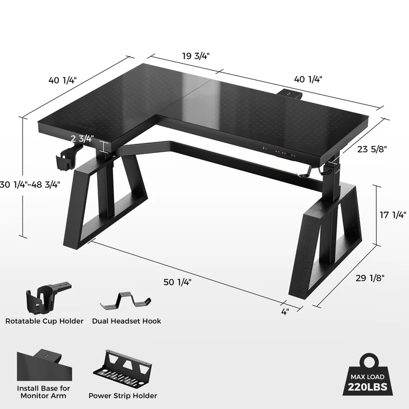 GTG-L60 Pro, L shaped Glass Gaming Standing Desk (60"x23")