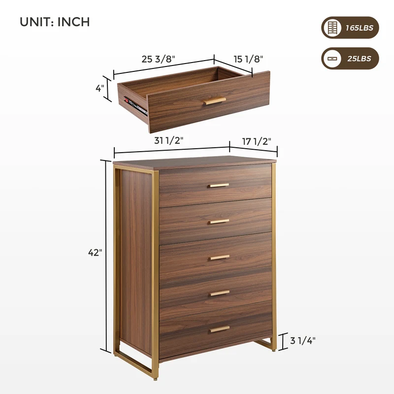 42" Chest 5-Drawers Dresser Accent Cabinet Walnut