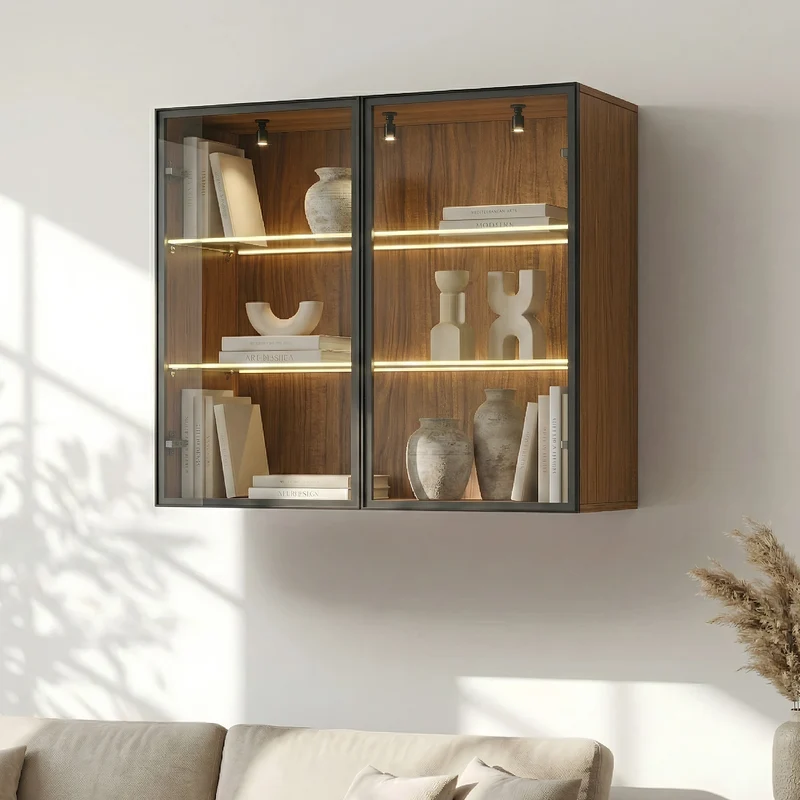 32" Wall Mounted Curio Cabinet with Glass Doors