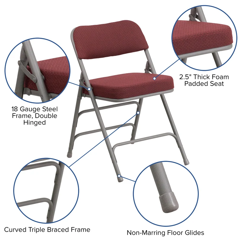 2 Pack Premium Curved Triple Braced & Hinged Fabric Upholstered Metal Folding Chair