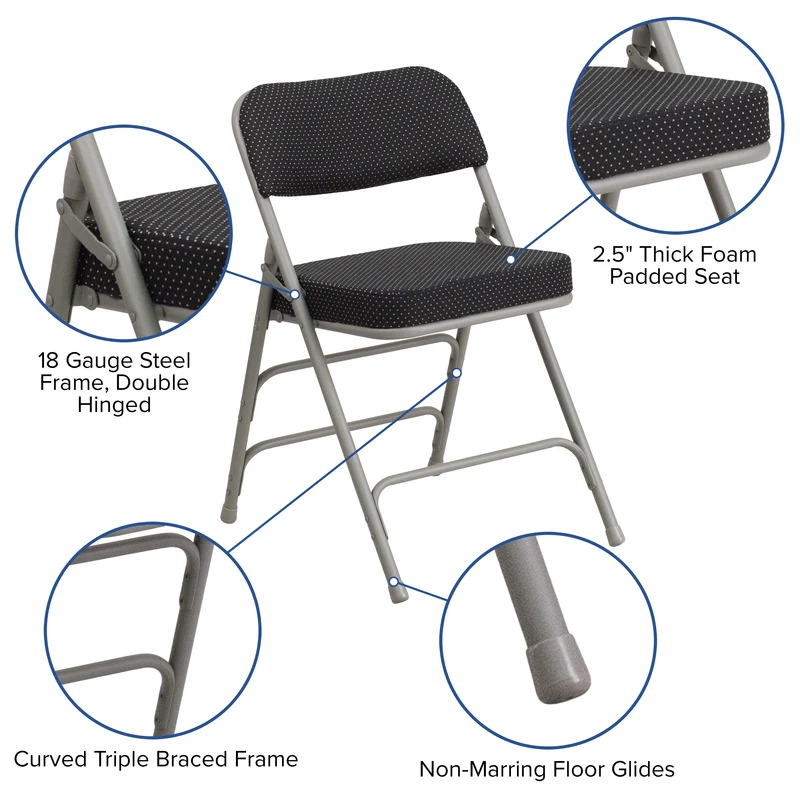 2 Pack Premium Curved Triple Braced & Hinged Fabric Upholstered Metal Folding Chair