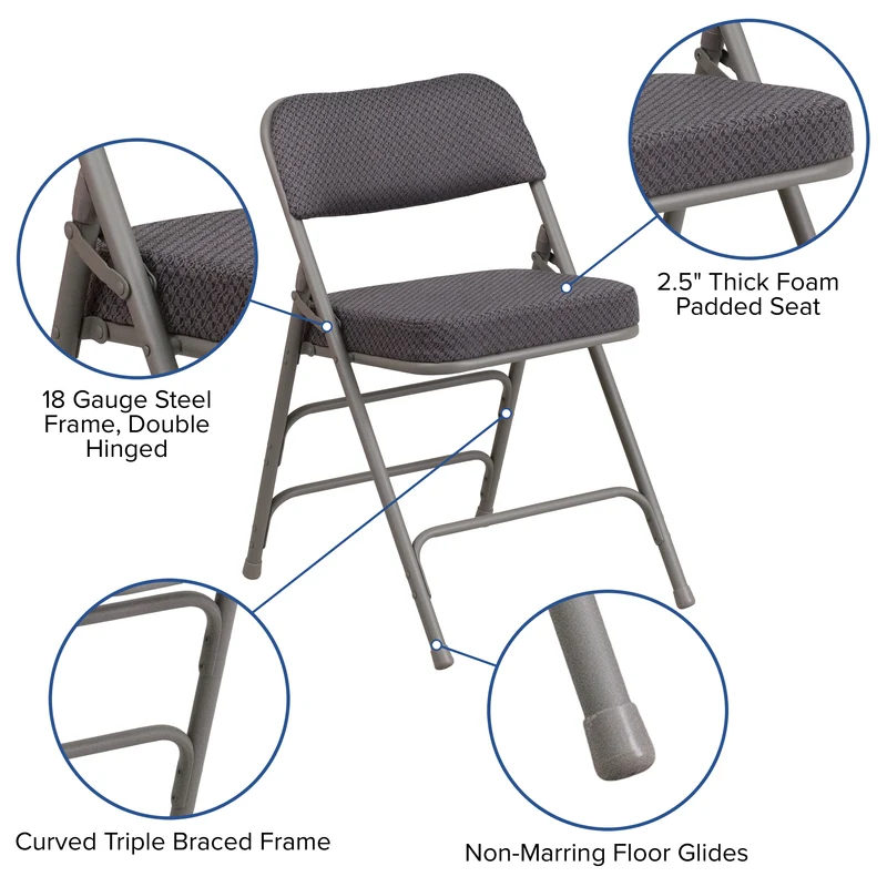 2 Pack Premium Curved Triple Braced & Hinged Fabric Upholstered Metal Folding Chair