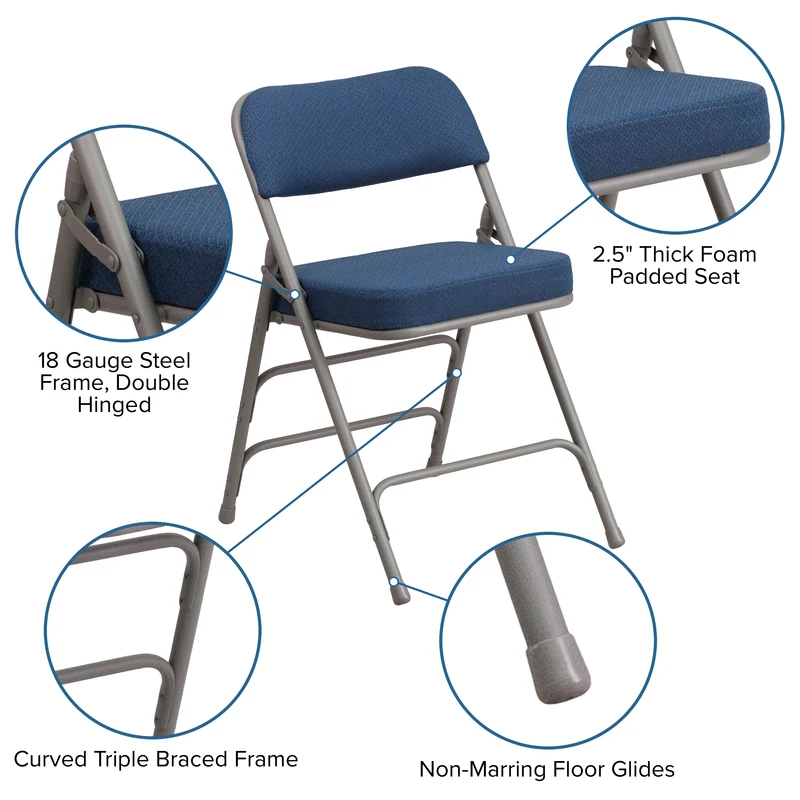 2 Pack Premium Curved Triple Braced & Hinged Fabric Upholstered Metal Folding Chair