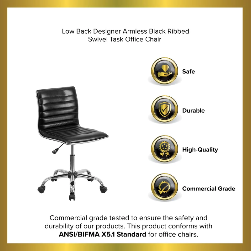 Low Back Designer Armless Ribbed Swivel Task Office Chair