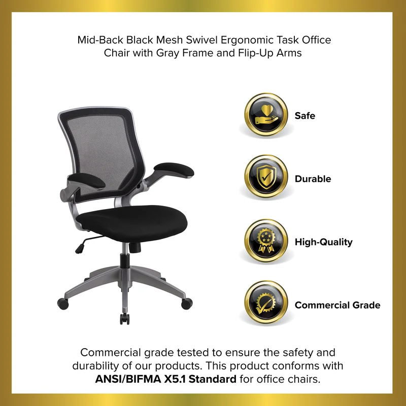 Mid-Back Mesh Swivel Ergonomic Task Office Chair with Gray Frame & Flip-Up Arms
