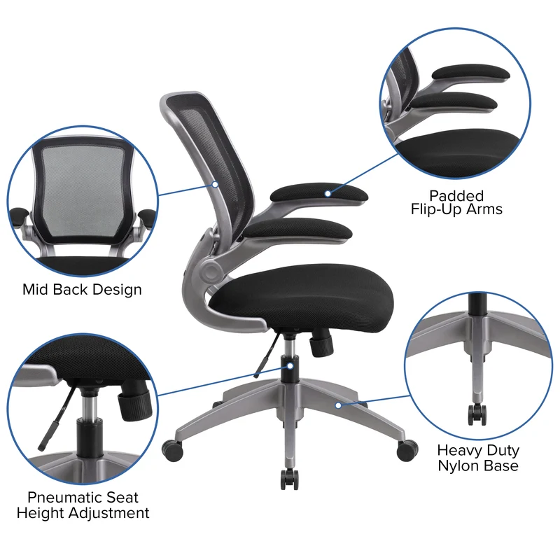 Mid-Back Mesh Swivel Ergonomic Task Office Chair with Gray Frame & Flip-Up Arms