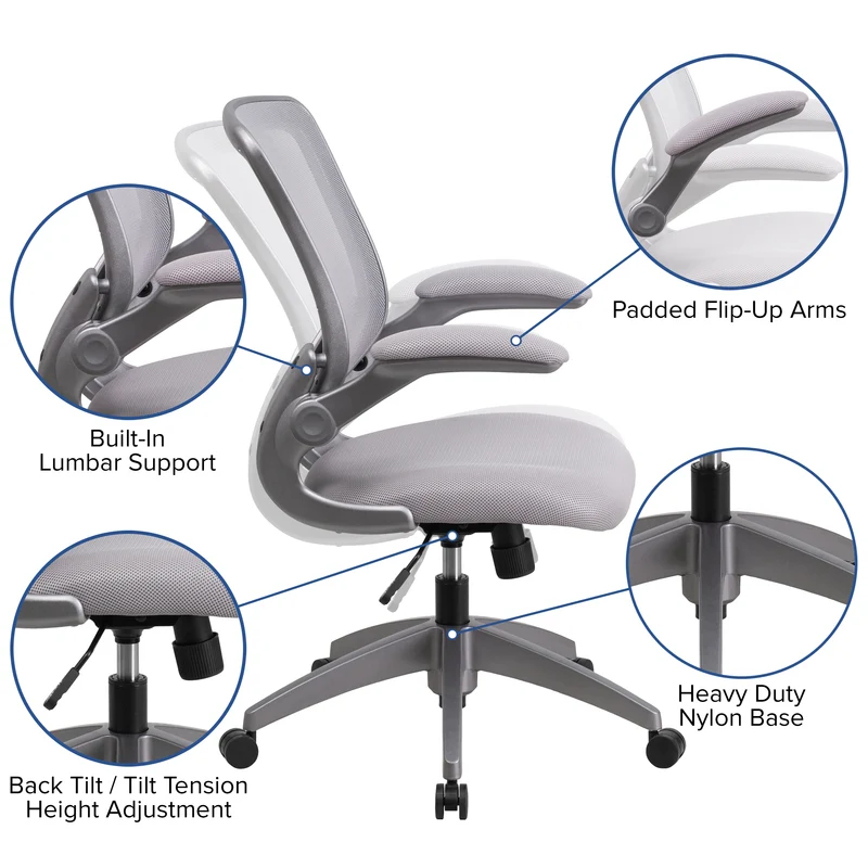 Mid-Back Mesh Swivel Ergonomic Task Office Chair with Gray Frame & Flip-Up Arms