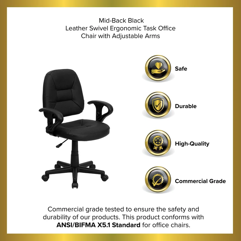 Mid-Back Leather Swivel Ergonomic Task Office Chair with Adjustable Arms