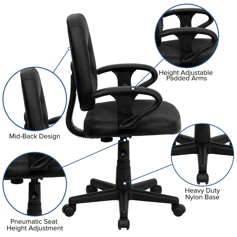 Mid-Back Leather Swivel Ergonomic Task Office Chair with Adjustable Arms