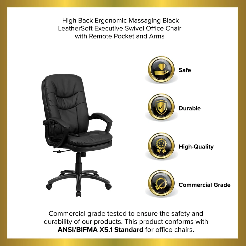 High Back Ergonomic Massaging Leather Executive Swivel Office Chair with Remote Pocket and Arms