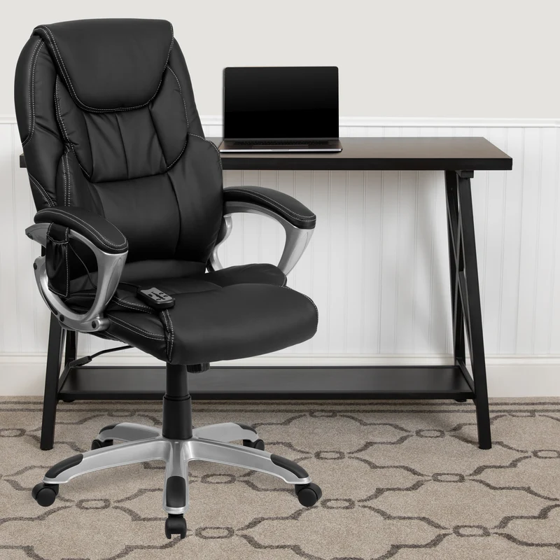 High Back Ergonomic Massaging Leather Executive Swivel Office Chair with Silver Base and Arms