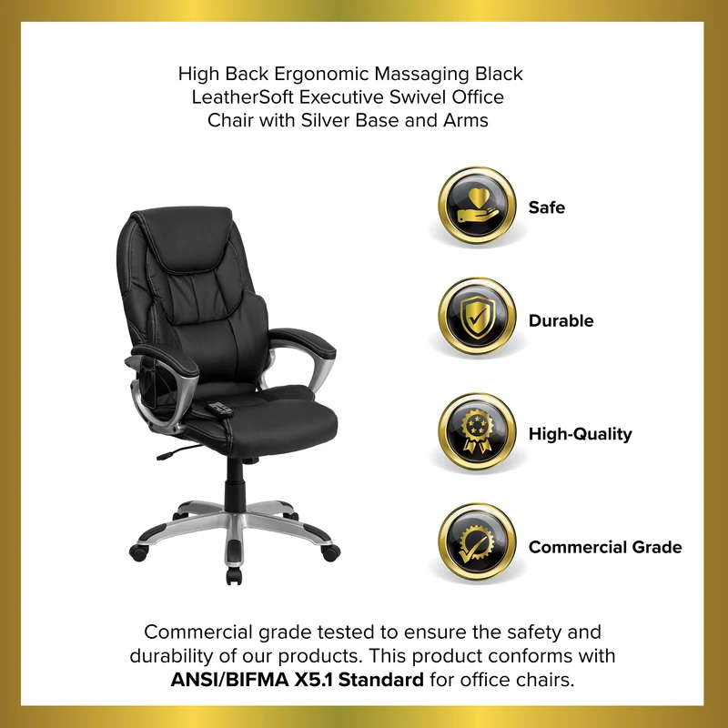 High Back Ergonomic Massaging Leather Executive Swivel Office Chair with Silver Base and Arms