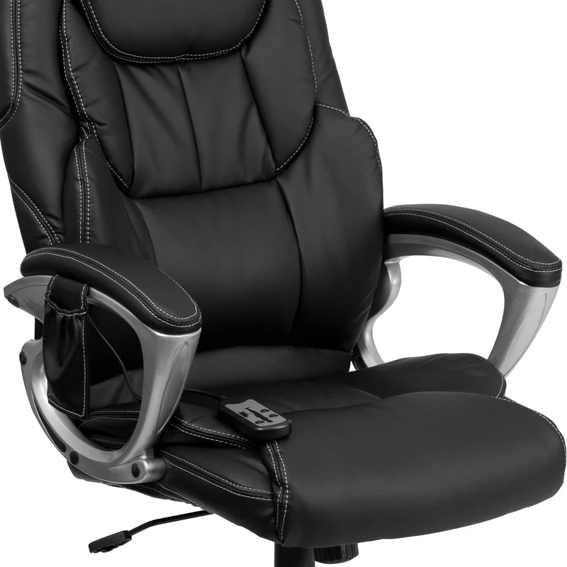 High Back Ergonomic Massaging Leather Executive Swivel Office Chair with Silver Base and Arms