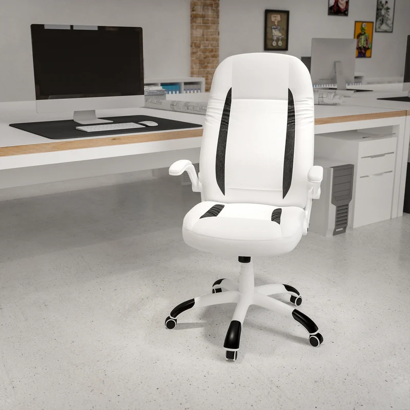 High Back Leather Executive Swivel Ergonomic Office Chair with Flip-Up Arms