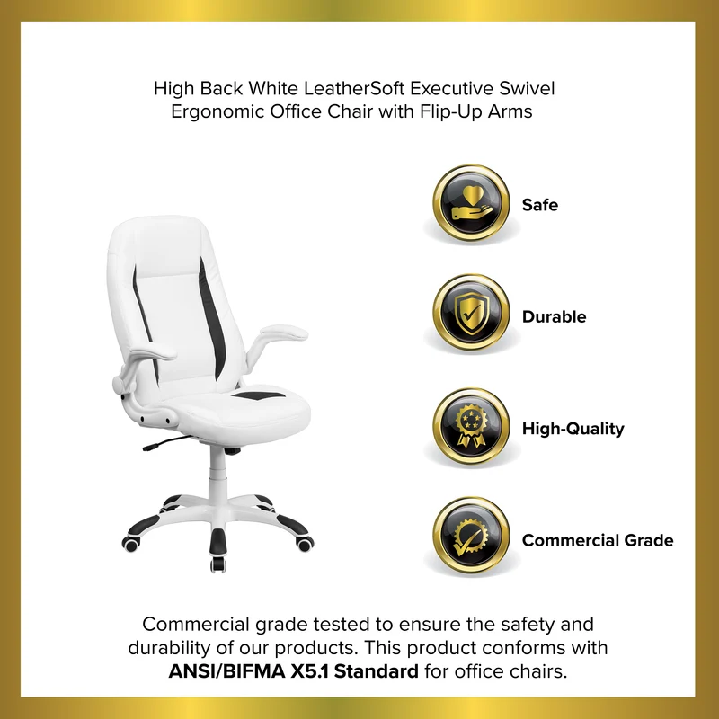 High Back Leather Executive Swivel Ergonomic Office Chair with Flip-Up Arms