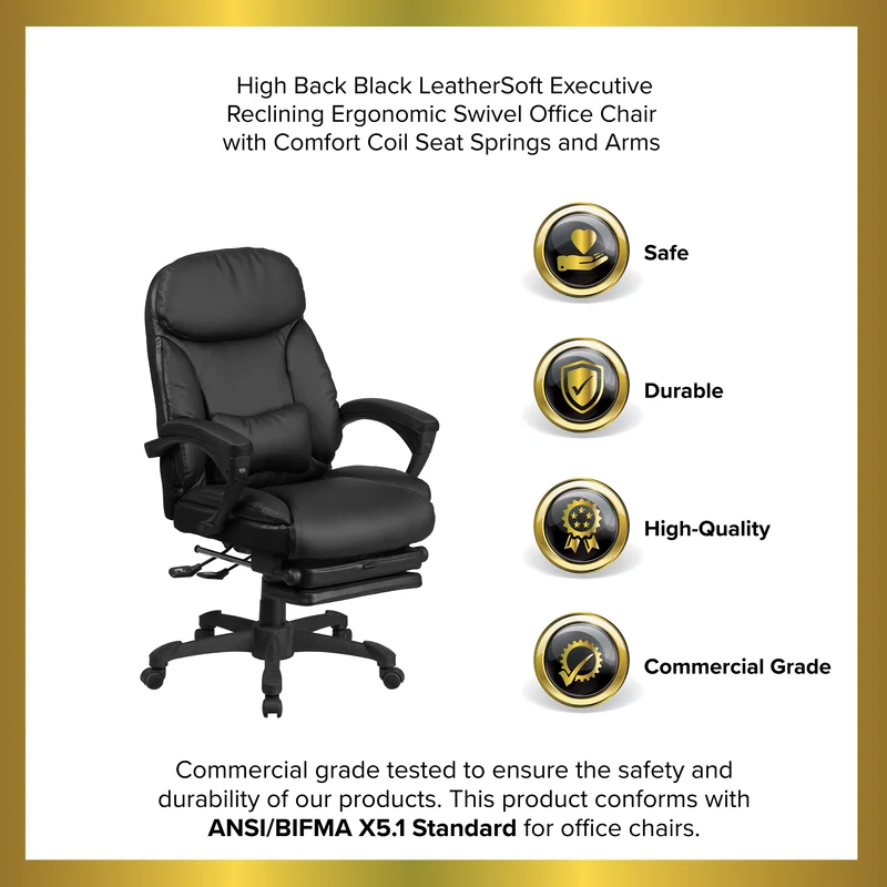 High Back Leather Executive Reclining Swivel Office Chair with Comfort Coil Seat Springs and Arms