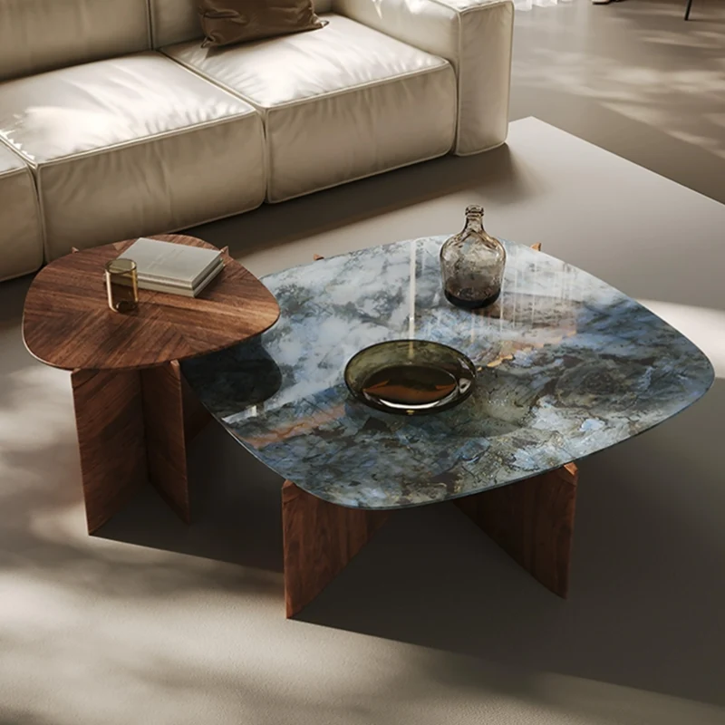 41" Walnut & Blue Jade Marble Irregular Coffee Table with Side Table Set