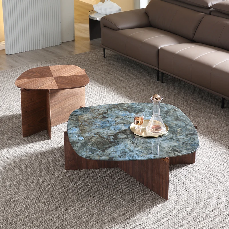 41" Walnut & Blue Jade Marble Irregular Coffee Table with Side Table Set
