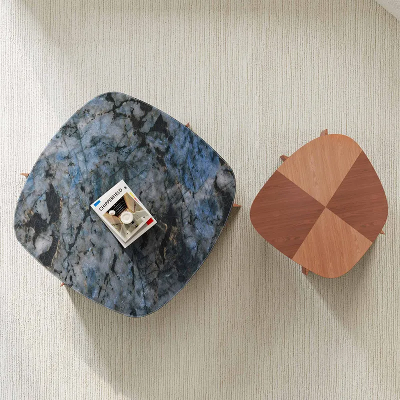 41" Walnut & Blue Jade Marble Irregular Coffee Table with Side Table Set