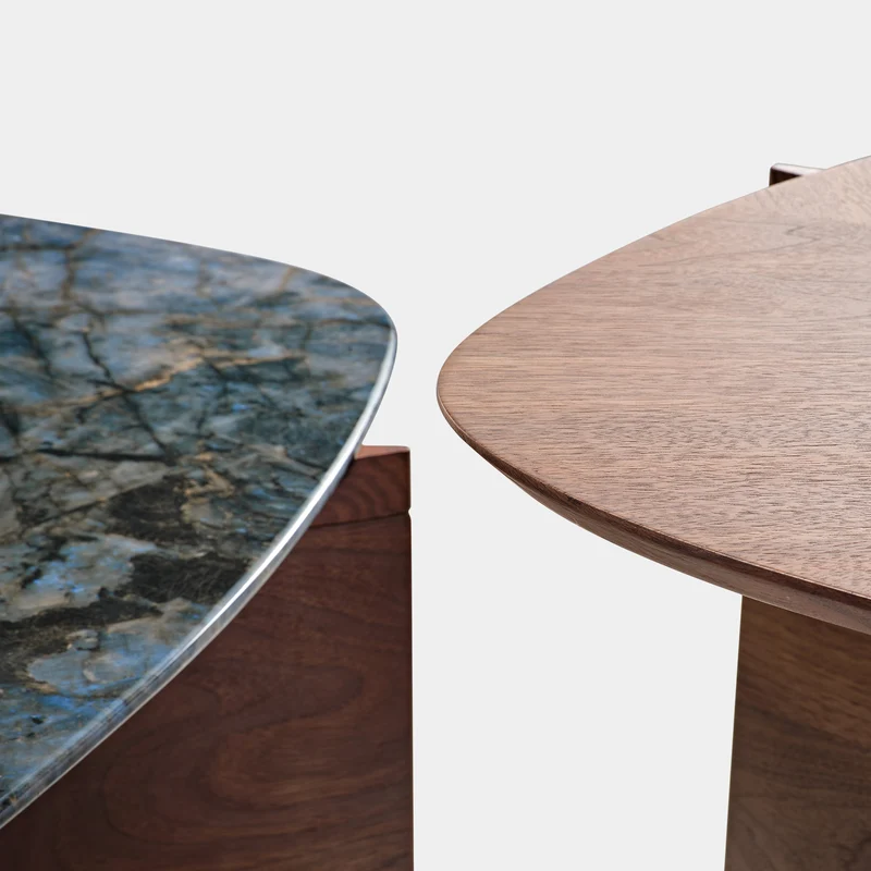 41" Walnut & Blue Jade Marble Irregular Coffee Table with Side Table Set