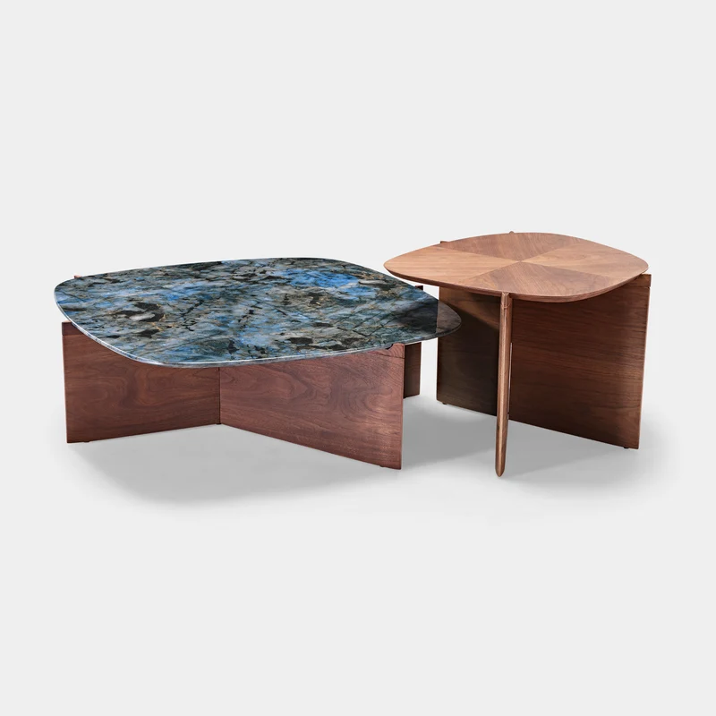 41" Walnut & Blue Jade Marble Irregular Coffee Table with Side Table Set