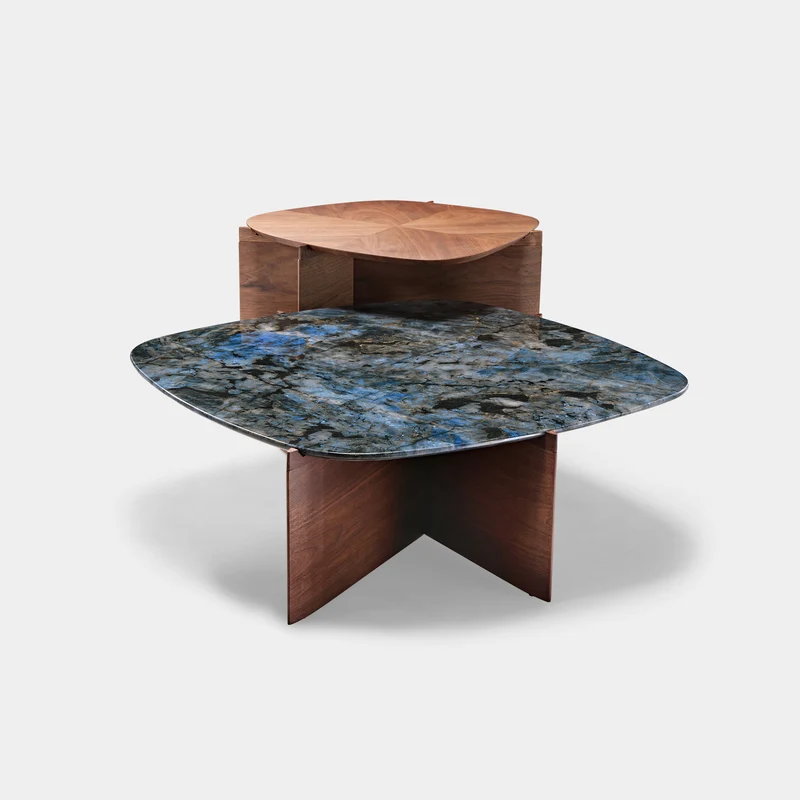 41" Walnut & Blue Jade Marble Irregular Coffee Table with Side Table Set