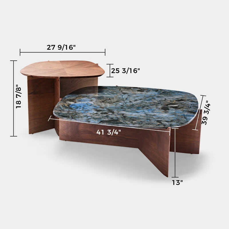 41" Walnut & Blue Jade Marble Irregular Coffee Table with Side Table Set
