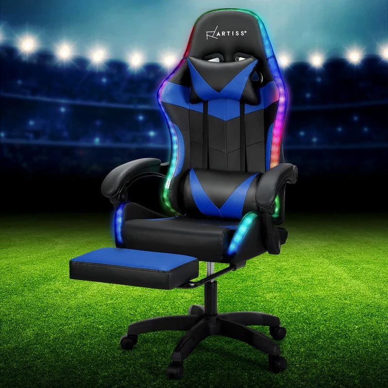 Artiss Six Point Massage Gaming Office Chair 7 LED Footrest Blue