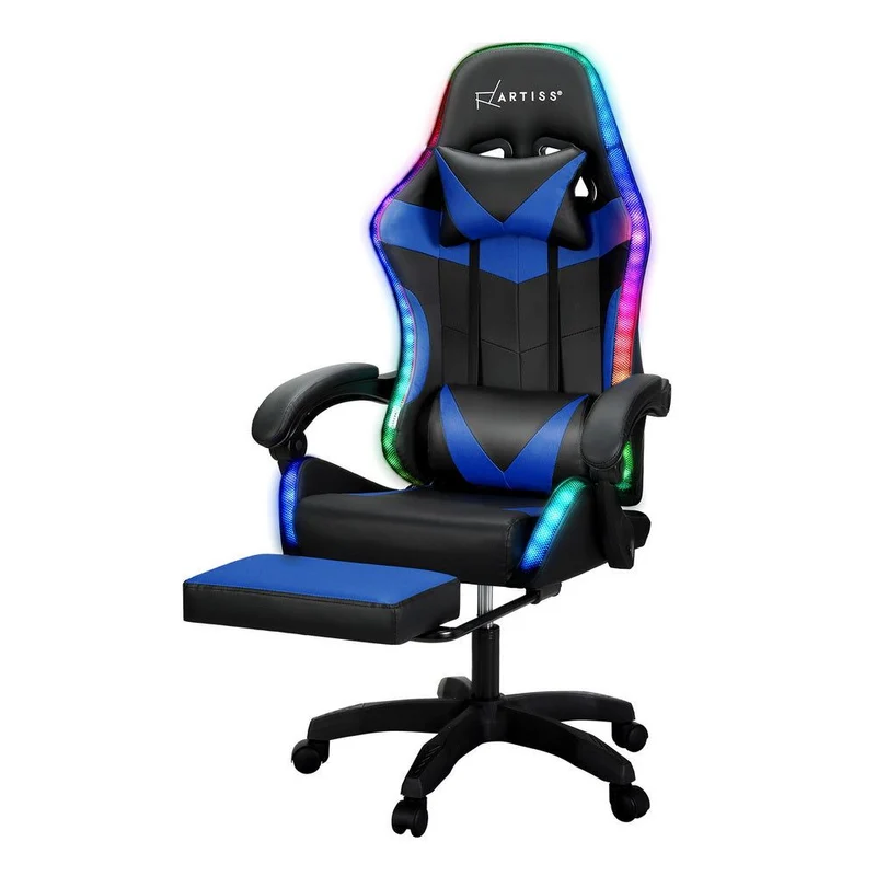 Artiss Six Point Massage Gaming Office Chair 7 LED Footrest Blue