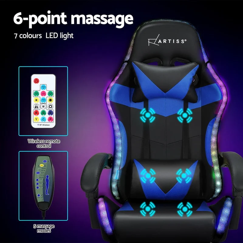 Artiss Six Point Massage Gaming Office Chair 7 LED Footrest Blue