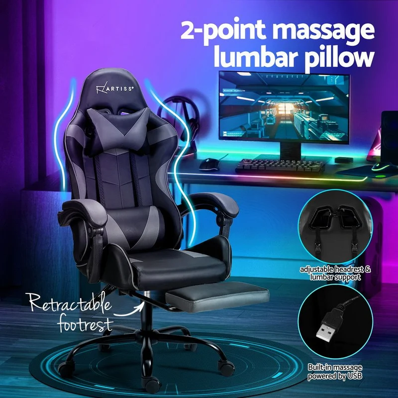 Artiss Two Point Massage Gaming Office Chair Footrest Grey
