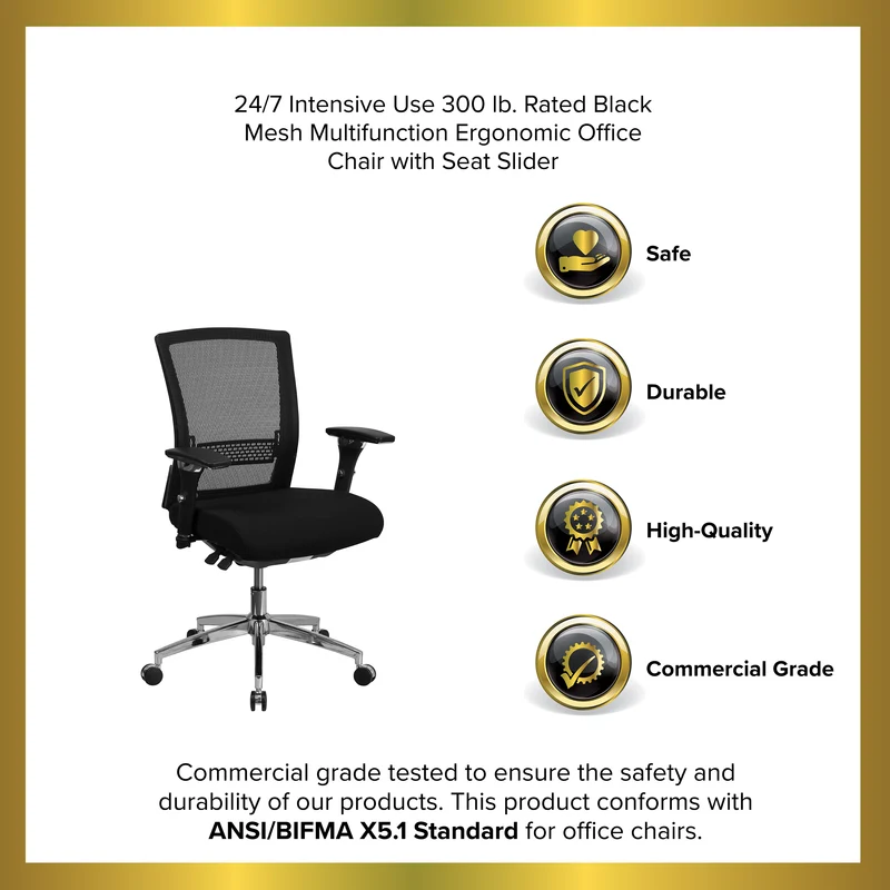 24/7 300 lb. Rated Seat Slider Ergonomic Office Chair with Adjustable Lumbar