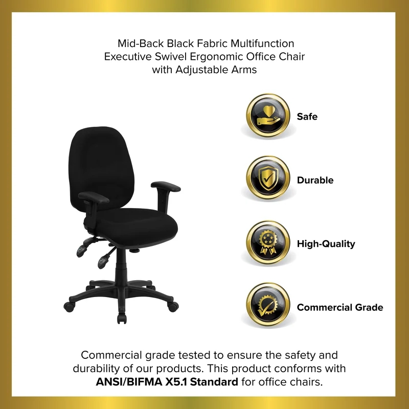 Mid-Back Fabric 3-Paddle Executive Swivel Office Chair & Adjustable Arms