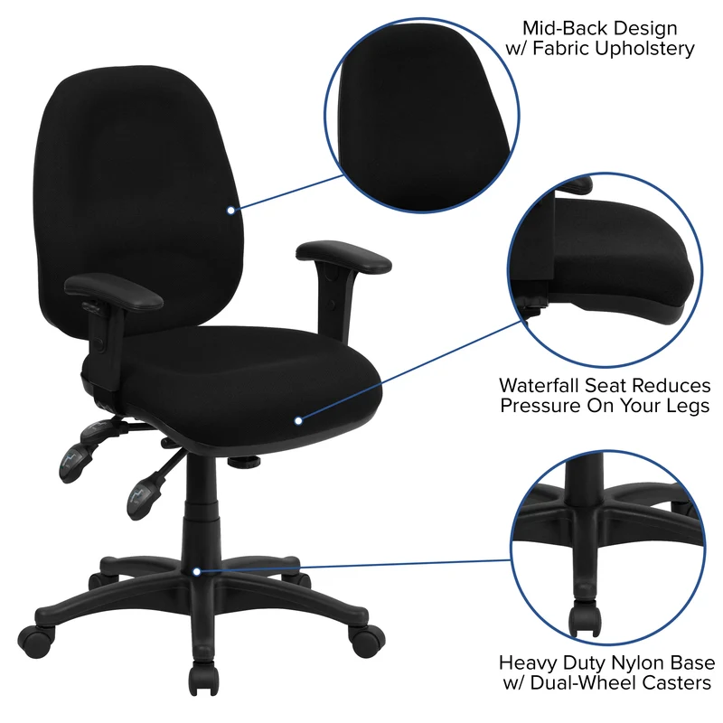 Mid-Back Fabric 3-Paddle Executive Swivel Office Chair & Adjustable Arms