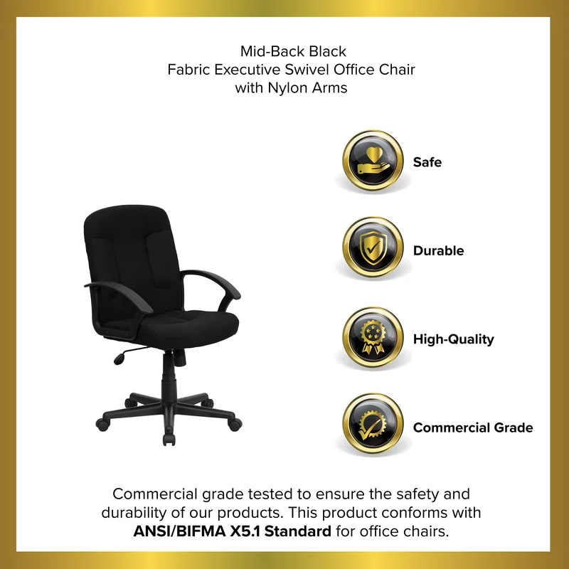 Mid-Back Fabric Executive Swivel Office Chair with Nylon Arms