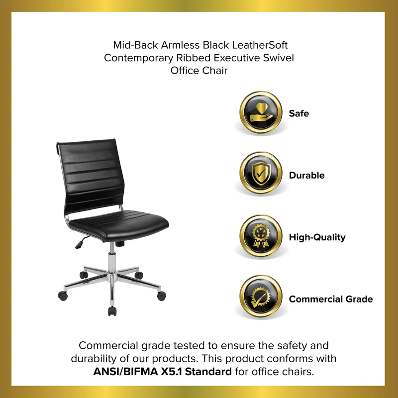 Mid-Back Armless LeatherSoft Ribbed Executive Swivel Office Chair